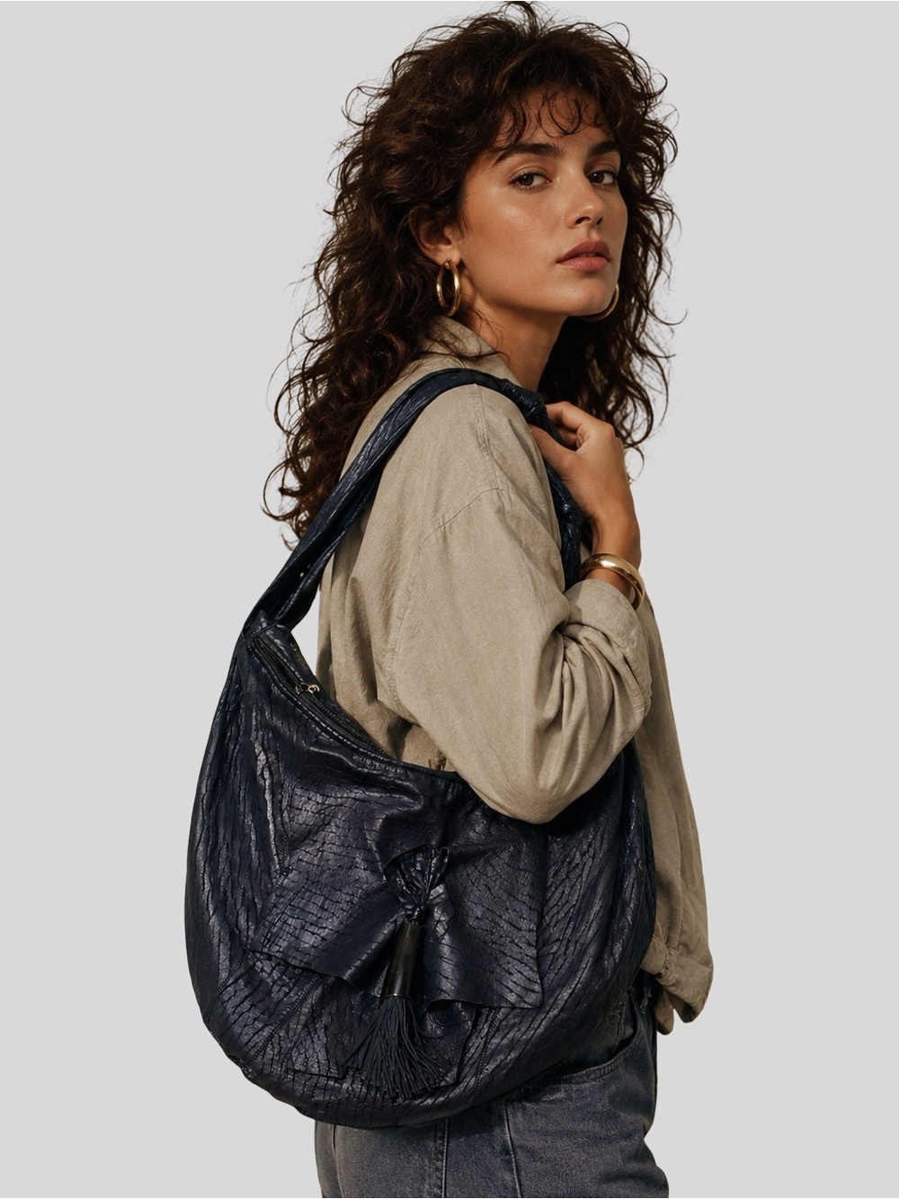 Viva Vintage Genuine Leather Black Croissant Tassel Hobo Adjustable Shoulder Bag